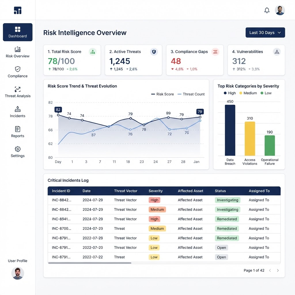 Kroll risk intelligence dashboard showing summary cards, trend charts, and a data table